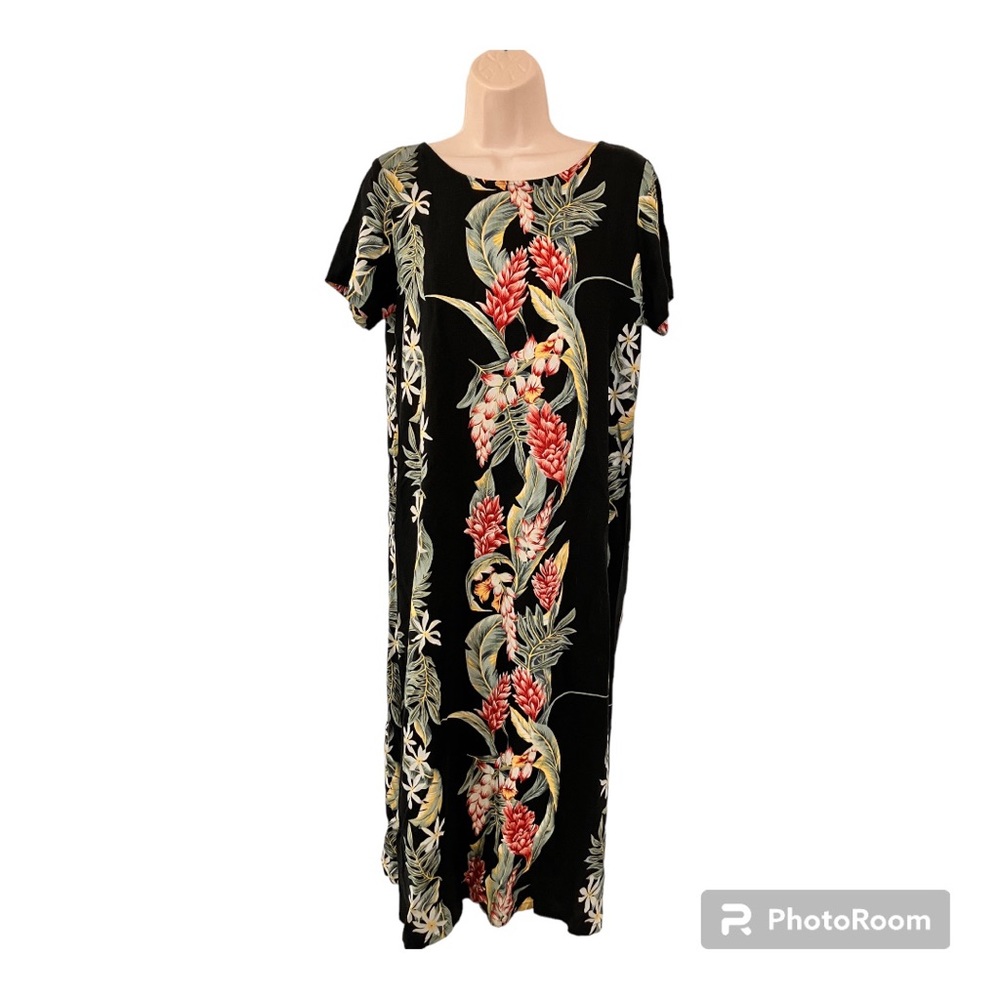 Vtg Hawaiian Reserve Black floral Rayon Dress m Fits Modern Small Made in Hawaii